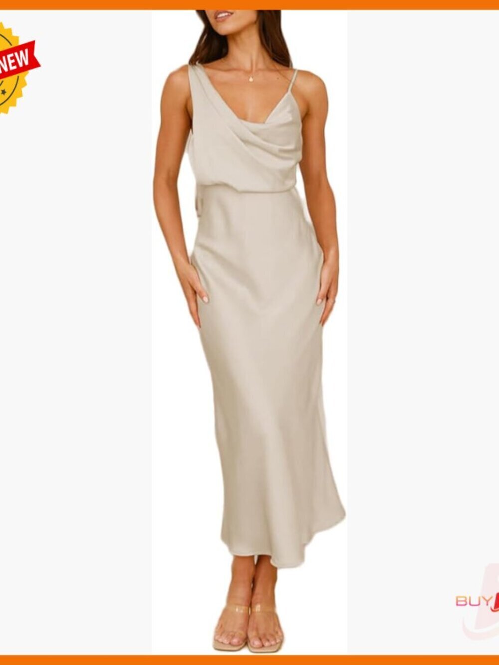 Satin Cowl Neck Midi Dress Spaghetti Strap Backless Formal Wedding Guest